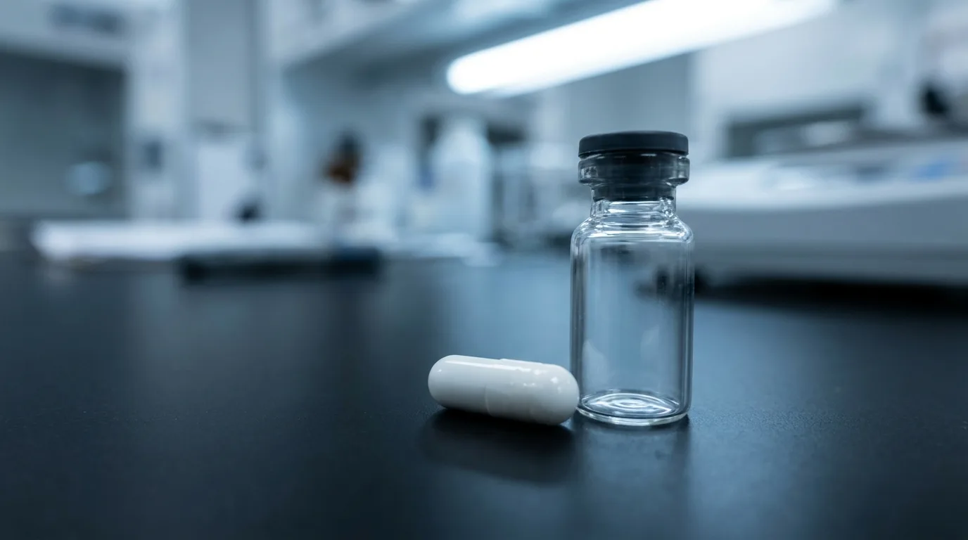 Struktury chemiczne ibutamorenu na tle laboratoryjnych probówek